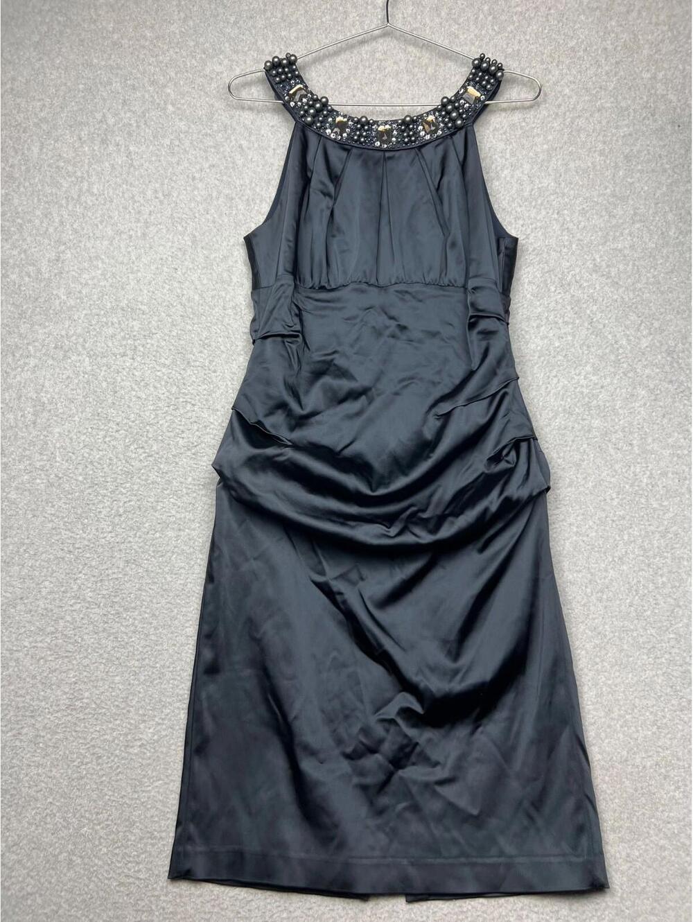 Suzi Chin for Rhinestones Embellished Stretch body con Satin Dress 10 Navy Event